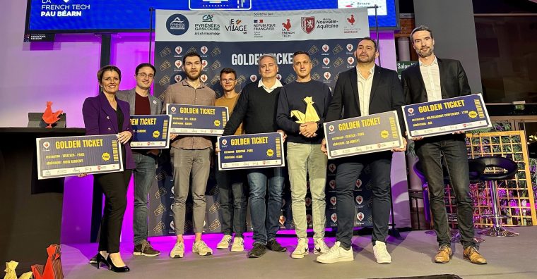 Les lauréats du concours Golden Ticket, au complet sur la scène de l'hippodrome de Pau, ce jeudi 23 mars. © DR french tech pau béarn