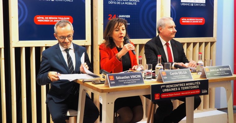 Le président du département 31, Sébastien Vincini, la présidente de région Occitanie, Carole Delga et le maire de Toulouse, Jean-Luc Moudenc